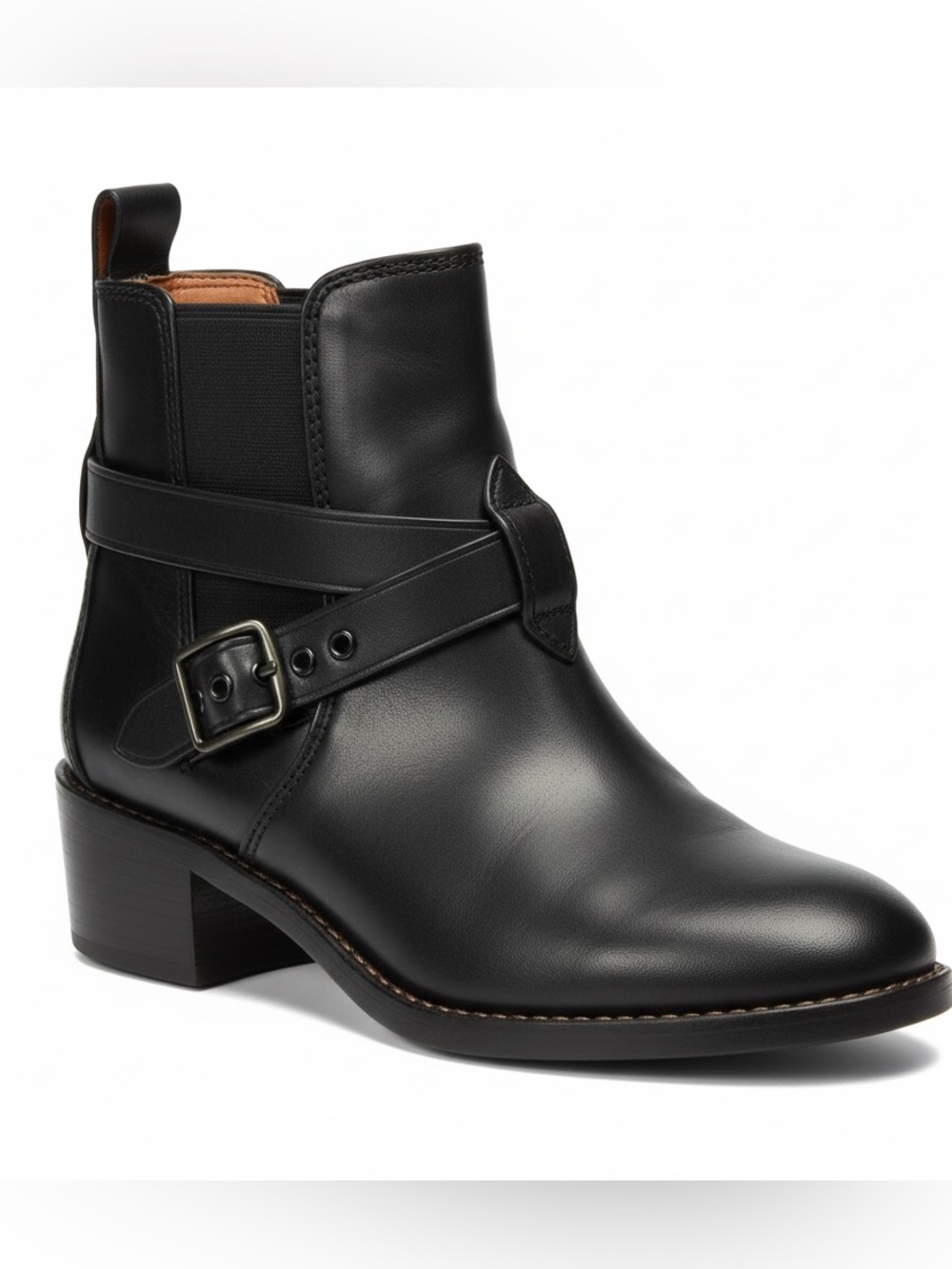 Coach Black Leather Ankle Boot with Buckle Strap